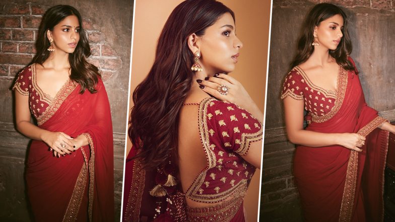 Suhana Khan Stuns in Red Hot Saree, Actress Raises the Bar for Ethnic Fashion Goals (View Pictures)