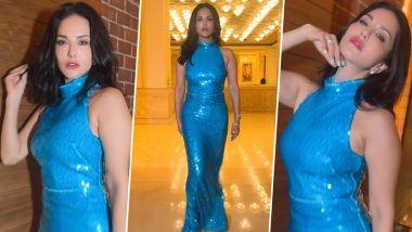 Sunny Leone Oozes Ice Princess Vibes in Elegant Blue Sequinned Gown, Actress Effortlessly Steals the Spotlight in Chic Ensemble (Watch Video)