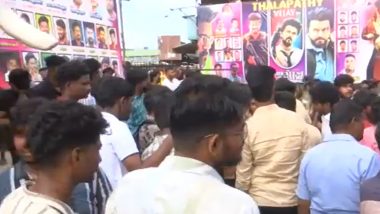 ‘The Greatest of All Time’: Thalapathy Vijay Fans Await Patiently Outside Chennai Theatre To Watch ‘The GOAT’ Movie (Watch Video)