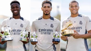 Kylian Mbappe, Vinicius Jr and Jude Bellingham Receive Their UCL Honours As UEFA Champions League 2024–25 Season Begins; Real Madrid Stars To Start Title Defence With Prestigious Awards in Hand (See Pics)