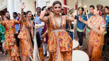 Shilpa Shetty and Raj Kundra Dance to Dhol Tasha Beats With Their Children at Ganpati Visarjan (Watch Video)