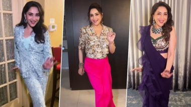 Madhuri Dixit Flaunts Elegant Floral Sarees and Shimmer Co-Ords on Insta (Watch Video)