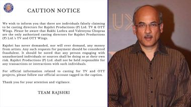 Rajshri Productions Issues Caution Notice Against Fake Casting Calls and Fraudulent Requests for Money