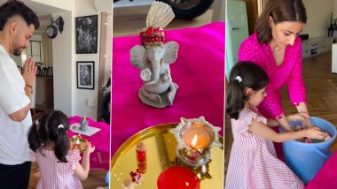 Ganpati Visarjan 2024: Soha Ali Khan and Kunal Kemmu Perform Spiritual Rituals and Bid Adieu to Eco-Friendly Ganpati Idol With Daughter Inaaya (Watch Video)