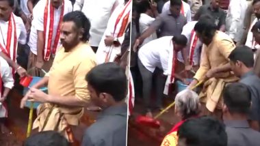 Tirupati Laddu Prasadam Controversy: AP Deputy CM Pawan Kalyan Arrives in Vijayawada’s Kanaka Durga Temple as Part of His 11-Day ‘Prayaschitta Diksha’ (Watch Video)