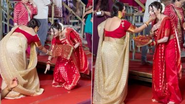 Sherlyn Chopra Attempts To Touch Rani Mukerji’s Feet During Sindoor Khela at Mumbai’s Durga Puja Pandal (Watch Video)