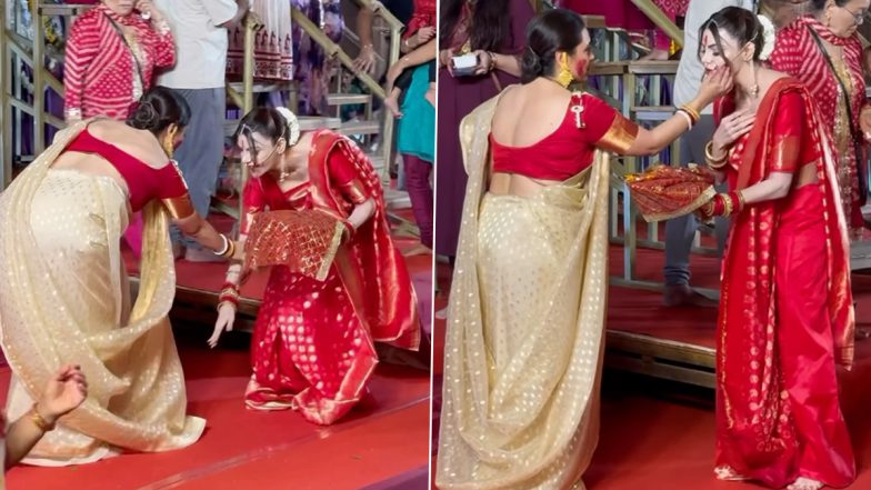 Sherlyn Chopra Attempts To Touch Rani Mukerji’s Feet During Sindoor Khela at Mumbai’s Durga Puja Pandal (Watch Video)