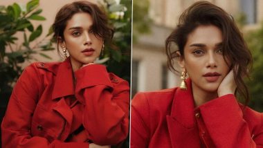 Aditi Rao Hydari Paints the Town Red in Classy Overcoat, Adds Desi Fashion Twist With Sleek Golden Jhumkas (See Pictures)