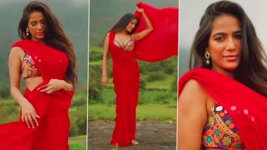 Poonam Pandey Looks Gorgeous in Red Chiffon Saree, Opts for Subtle Glam As She Oozes Grace Amid Nature in Viral Instagram Reel (Watch Video)