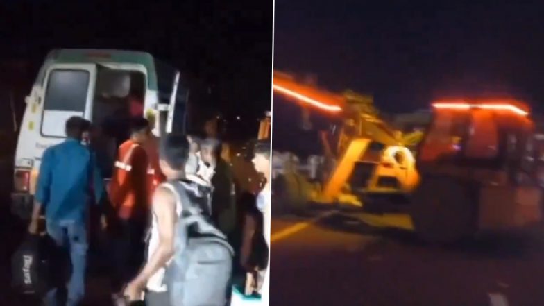 Uttar Pradesh Road Accident: 40 Injured As Speeding Sleeper Bus Overturns on Lucknow-Agra Expressway After Colliding With Divider Near Kannauj (Watch Video)