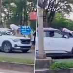 Karnataka: Cop Jumps and Clings to Car Bonnet for 100 Metres As Driver Refuses To Stop Vehicle in Shivamogga, Video Goes Viral