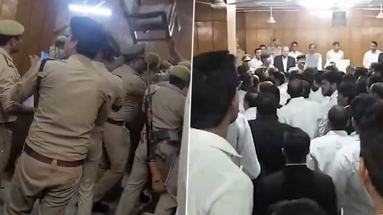 Ghaziabad Court Chaos: Lawyers Get Into Heated Argument With District Judge Over Recent Orders, Police Resort to Lathi-Charge To Disperse Crowd (Watch Video)