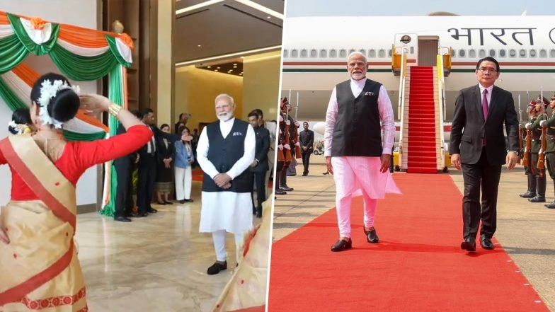 PM Modi Laos Visit: Prime Minister Narendra Modi Arrives in Vientiane for ASEAN-India and 19th East Asia Summits; Accorded Ceremonial Guard of Honour (See Pics and Video)