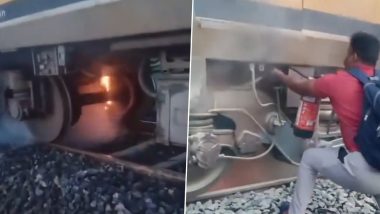 Tamil Nadu Train Fire: Passengers Evacuated As Blaze Erupts on Pallavan Express Travelling From Karaikudi to Chennai Due to Brake Binding Issue Near Chettinad Railway Station (Watch Videos)