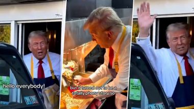 Donald Trump Turns McDonald's Worker: Former US President Dons McDonald's Apron, Serves French Fries To Customers in Philadelphia (Watch Video)