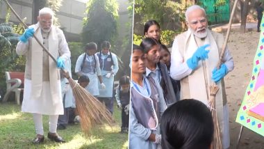 Swachh Bharat Mission Completes 10 Years: PM Narendra Modi Sweeps Yard Along With School Students As He Participates in Cleanliness Drive in Delhi (Watch Videos)