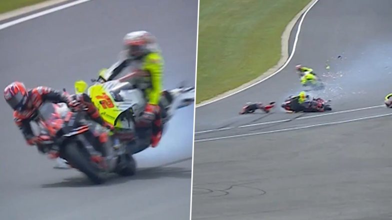 Massive Crash in Australian Motorcycle GP 2024 as Racers Marco Bezzecchi and Maverick Vinales Collide at 120 Miles Per Hour Speed During MotoGP Qualifying Round (Watch Video)