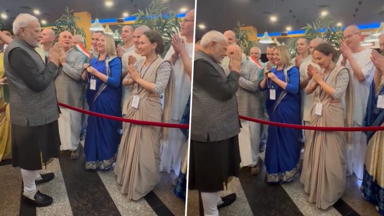 BRICS Summit 2024: Russian Nationals Sing Krishna Bhajan To Welcome PM Narendra Modi at Hotel Korston in Kazan (Watch Video)