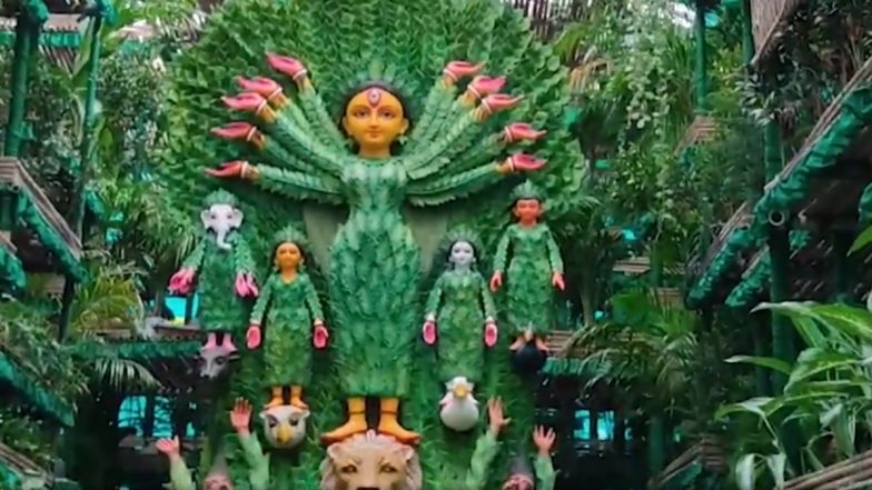 Kolkata: Eco-Friendly Durga Puja Pandal Adorned with 8,000 Plants to Promote Environmental Conservation (Watch Video)