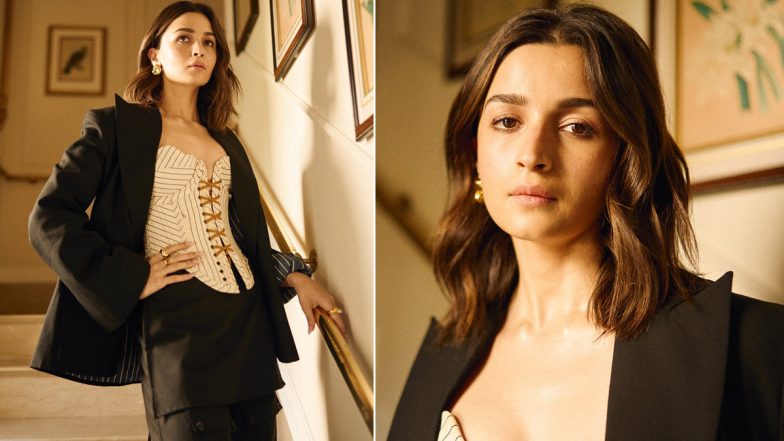 Alia Bhatt Elevates Power Dressing in Beige Corset Top With Front Criss-Cross Detail, Classy Black Blazer and Trousers (See Pictures)