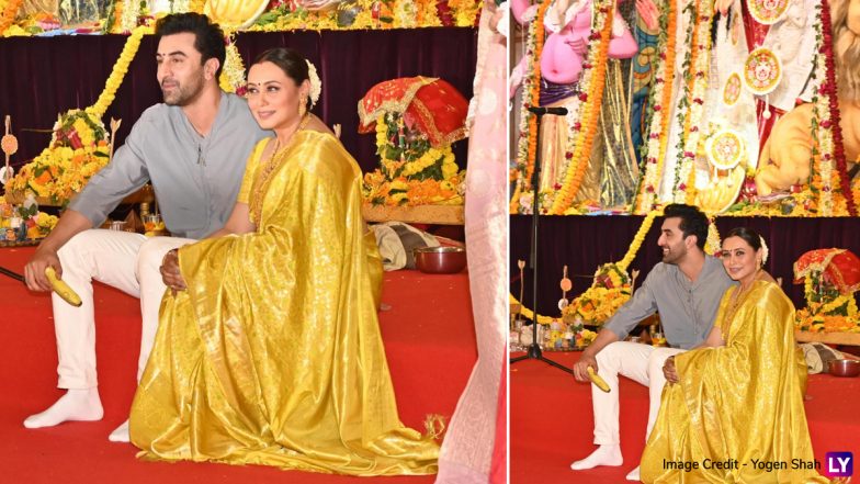 Navratri 2024: Ranbir Kapoor Catches Up With His ‘Saawariya’ Co-Star Rani Mukerji at Durga Puja Pandal in Mumbai, Duo Pose for the Paps (See Pics and Watch Video)