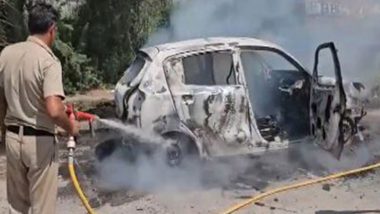 Jhajjar: Moving Car Catches Fire in Haryana, All Passenger Safe; No Casualties Reported (Watch Video)