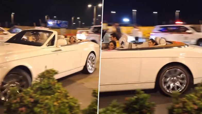 Jio Owners Akash Ambani, Isha Ambani and Shloka Mehta Take Rolls Royce Convertible for a Spin in the City (Watch Video)