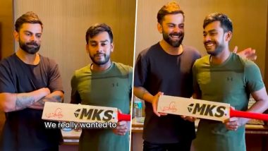 ‘Khoob Bhalo Bashi’ Virat Kohli Speaks in Bengali as Mehidy Hasan Miraz Gifts Star Indian Cricketer A Bat (Watch Video)