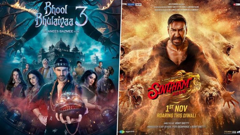 ‘Bhool Bhulaiyaa 3’ vs ‘Singham Again’ Box Office Clash: Kartik Aaryan’s Horror-Comedy Takes Lead Over Ajay Devgn’s Multi-Starrer Cop Actioner in Advance Sales