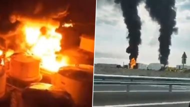 Russia-Ukraine War: Massive Fire Erupts Following Drone Attack on Russian Oil Facility in Crimea (Watch Videos)