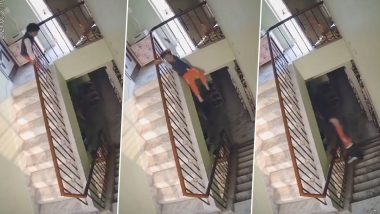 Freak Fall Caught on Camera: Young Boy Survives Staircase Tumble, No Guardian Seen Attending (Watch Video)