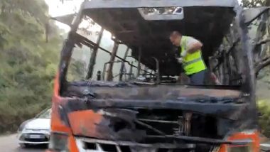 Katra Fire: Bus Carrying Vaishno Devi Pilgrims Catches Blaze in Jammu and Kashmir, No Casualties Reported (Watch Video)