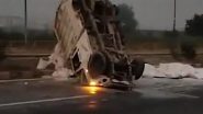 Amroha Road Accident: Diver Injured As Tyre Burst Causes High-Speed Pickup Truck To Flip on NH9 in Uttar Pradesh (Watch Video)