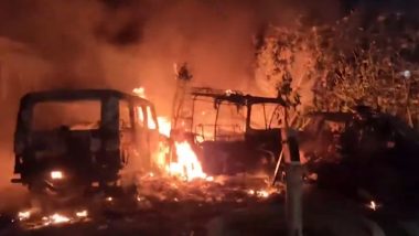 Greater Noida: Fortuner Car Catches Fire in Forest Area, Man Burnt Alive; Police Suspect Murder (Watch Video)