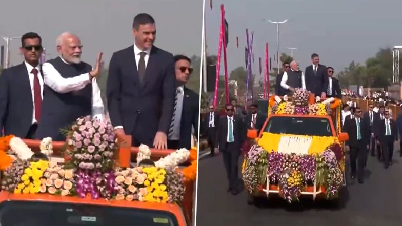 PM Narendra Modi, Spain’s President Pedro Sanchez Hold Roadshow in Vadodara Ahead of C295 Assembly Line Inauguration (Watch Video)