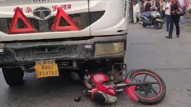 Mumbai Road Accident: Girl Killed As Dumper Truck Collides With Bike on Film City Road (Watch Video)