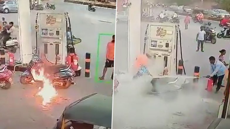 Hyderabad Petrol Pump Fire: Blaze Erupts After Intoxicated Man Ignites Lighter While Fuel Was Being Dispensed, Narrow Escape For Woman and Child (Watch Video)