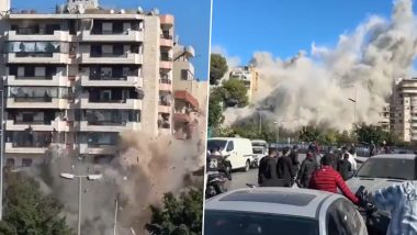 Israel-Lebanon Conflict: Residential Building Collapses Like a House of Cards in Tayouneh After Israeli Airstrike, Video Surfaces