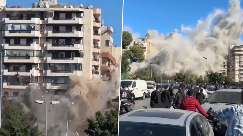 Israel-Lebanon Conflict: Residential Building Collapses Like a House of Cards in Tayouneh After Israeli Airstrike, Video Surfaces