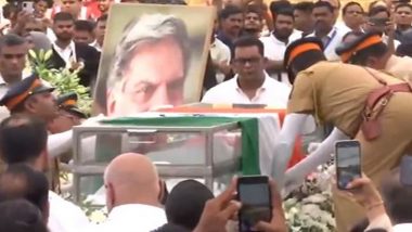 Ratan Tata Dies: Veteran Industrialist’s Mortal Remains Brought to Mumbai’s NCPA Lawns for Public Viewing, Ahead of State Funeral (Watch Video)