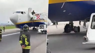 Ryanair 737 MAX Plane Tyre Explodes Upon Landing at Italy’s Milan Bergamo Airport, No Injuries Reported (Watch Video)