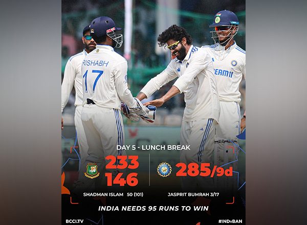 Sports News | Kanpur Test: India Just 95 Runs Awy from Win After Bowlers Restrict Bangladesh to 146 on Day 5