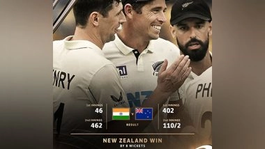 Sports News | NZ Secure First Win in India After 36 Years, Beat Hosts by Eight Wickets in Gripping 1st Bengaluru Test