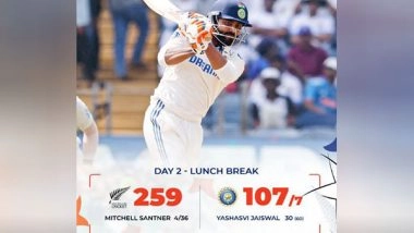 Sports News | Santner, Phillips Put NZ Ahead with Big Wickets, India Lose Seven Wickets (Day 2, Lunch)