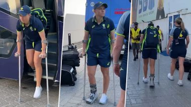 Alyssa Healy Spotted Walking On Crutches As Australian Women's Cricket Team Arrives at Sharjah Cricket Stadium Ahead of IND-W vs AUS-W ICC Women's T20 World Cup 2024 Match (Watch Video)