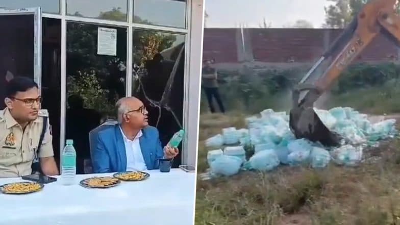 ‘Bilseri’ vs ‘Bisleri’ in Uttar Pradesh: 2,663 Bottles of Water Destroyed in Bulldozer Action After Baghpat DM Served Bilseri Instead of Bisleri (Watch Video)