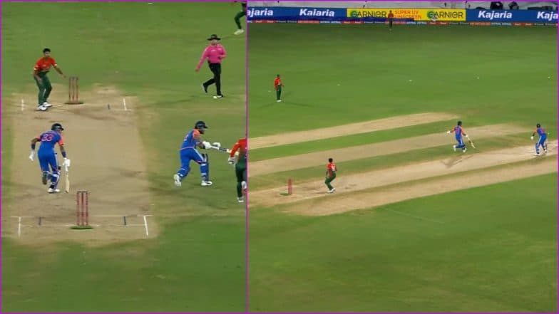 Comedy of Errors! Bangladesh Fielders Fail to Run Out Hardik Pandya Despite Him and Riyan Parag Involved in Mix-Up During IND vs BAN 3rd T20I 2024 (Watch Video)