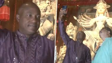 Legendary West Indies Cricketer Brian Lara Visits Kolkata’s Iconic Suruchi Sangha Club Durga Puja Pandal (Watch Video)