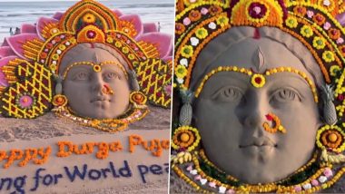 Durga Puja 2024 Sand Art: Renowned Artist Sudarsan Pattnaik Creates Stunning and Intricate Sand Sculpture of Goddess Durga (Watch Video)