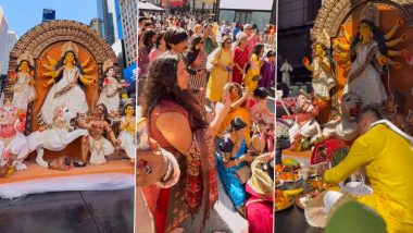 Durga Puja 2024 Special: First-Ever Durga Puja Celebrations For the NRIs Take Place at New York City's Times Square (Watch Viral Video)